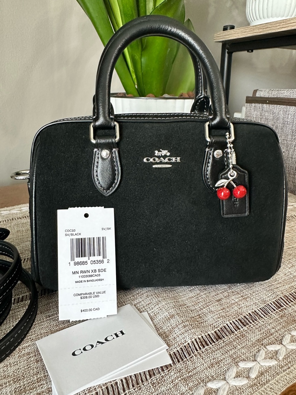 Coach Mini Rowan Crossbody Bag in Black with Cherry Charm